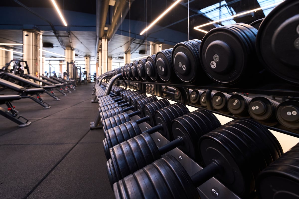 Rack of dumbbells in a contemporary commercial gym