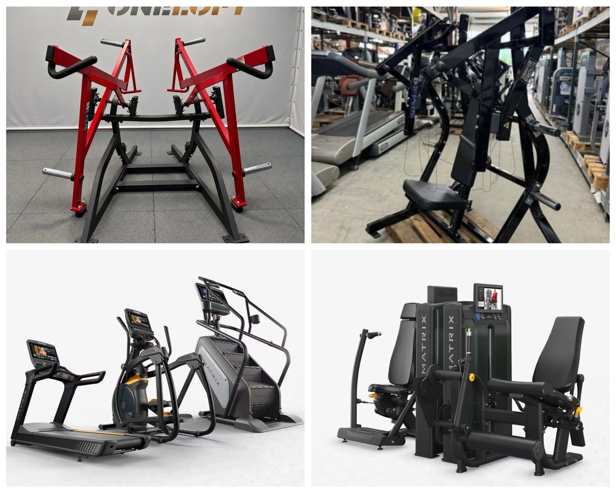 Collage of four commercial gym equipment machines: red and black bike trainers and cardio equipment