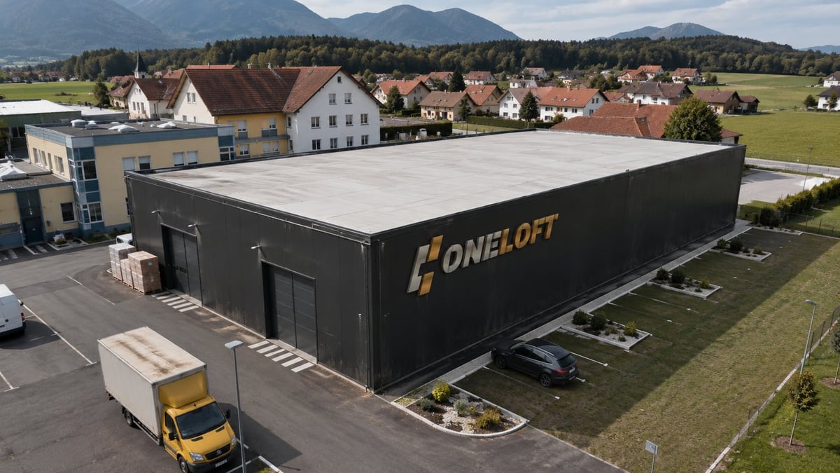 Aerial view of a large black industrial building with ONELOFT branding in a rural Bavarian setting with mountains in background