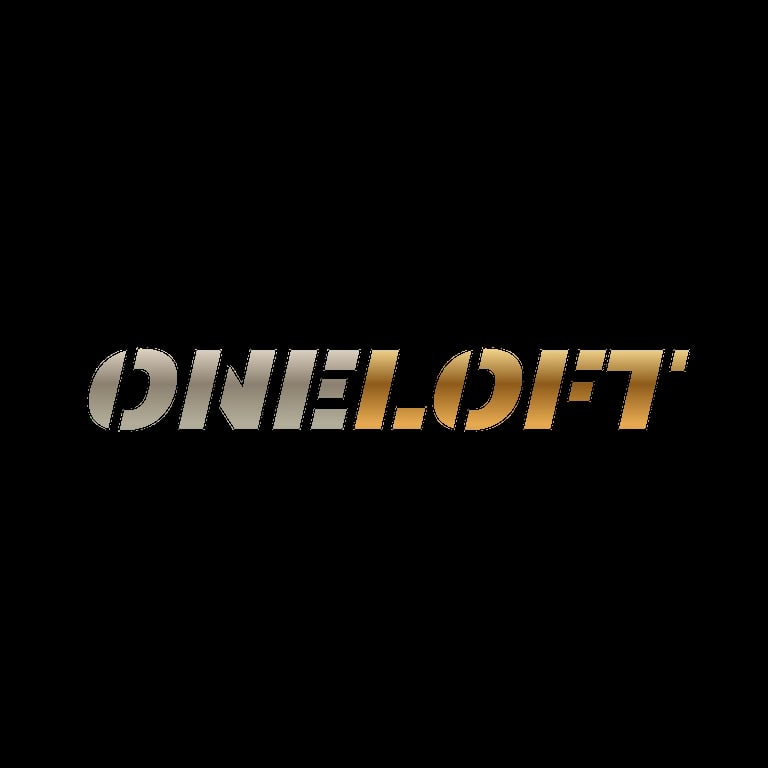 OneLoft logo in gold and silver metallic text on black background