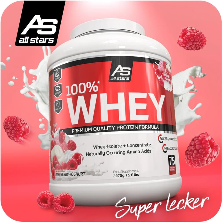 All Stars 100% Whey protein powder container with raspberry flavor, surrounded by fresh raspberries and milk splash on pink background