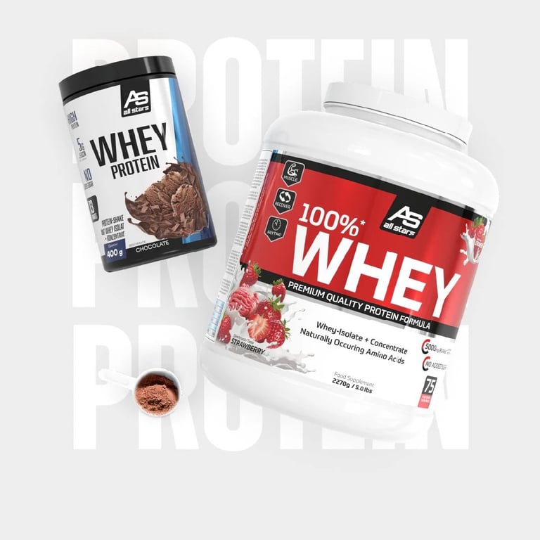 Two whey protein powder containers - chocolate flavor on left and strawberry flavor on right - with scoop sample below